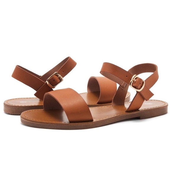 Shoes - Cognac Open Toes One Band Ankle Strap Flat Sandals